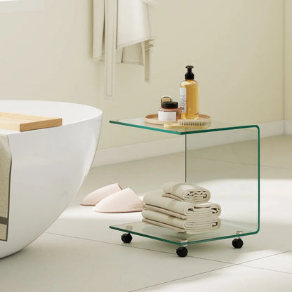 Modern Tempered Glass Side Table with 2-tier Shelf