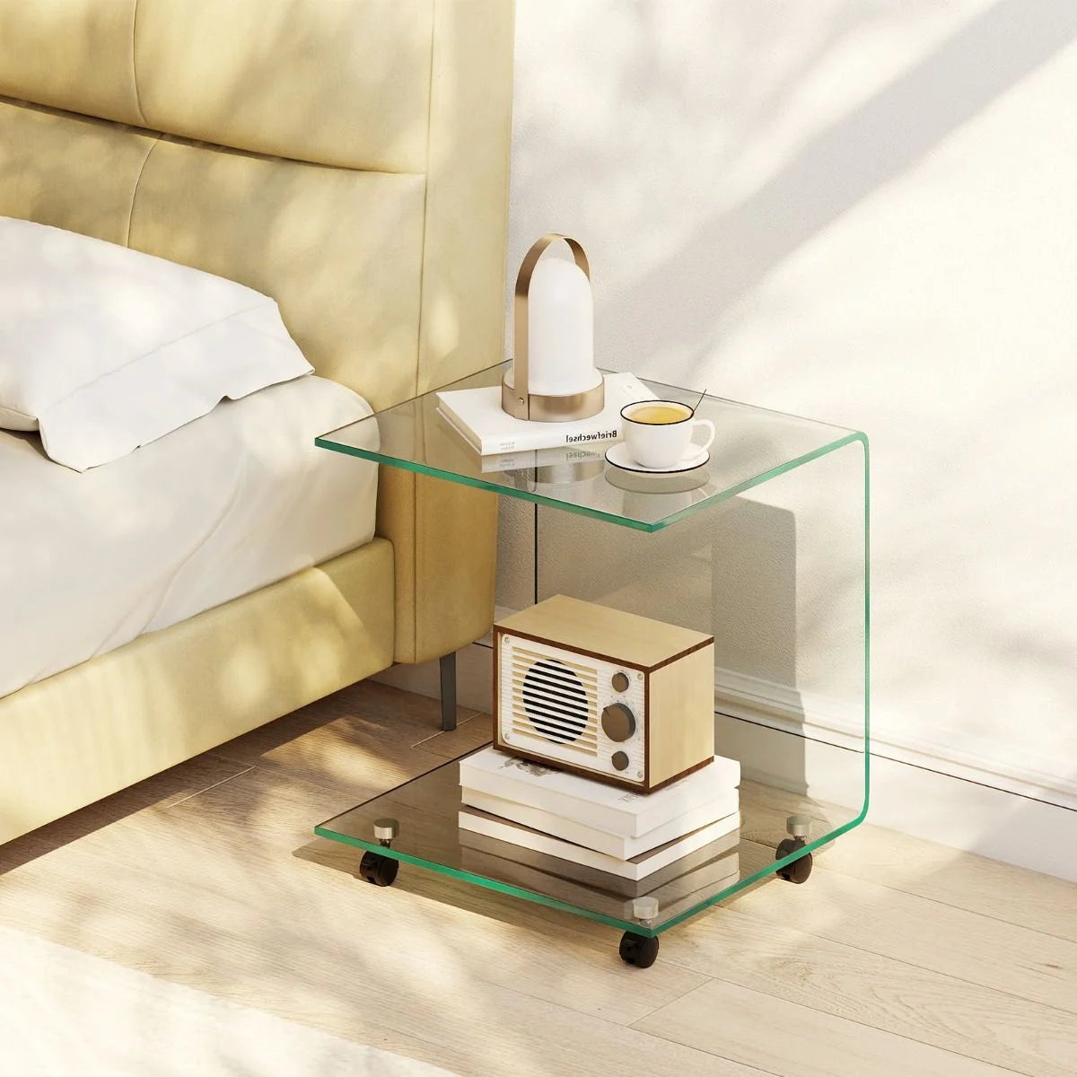 Modern Tempered Glass Side Table with 2-tier Shelf