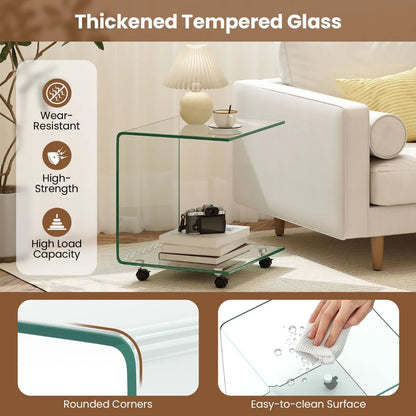 Modern Tempered Glass Side Table with 2-tier Shelf