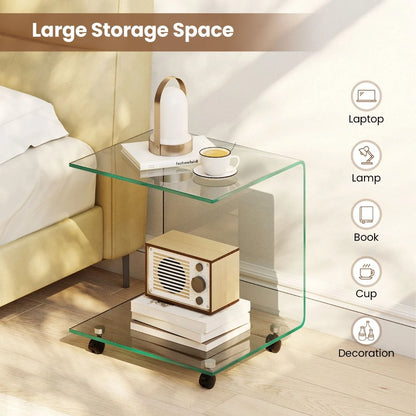 Modern Tempered Glass Side Table with 2-tier Shelf