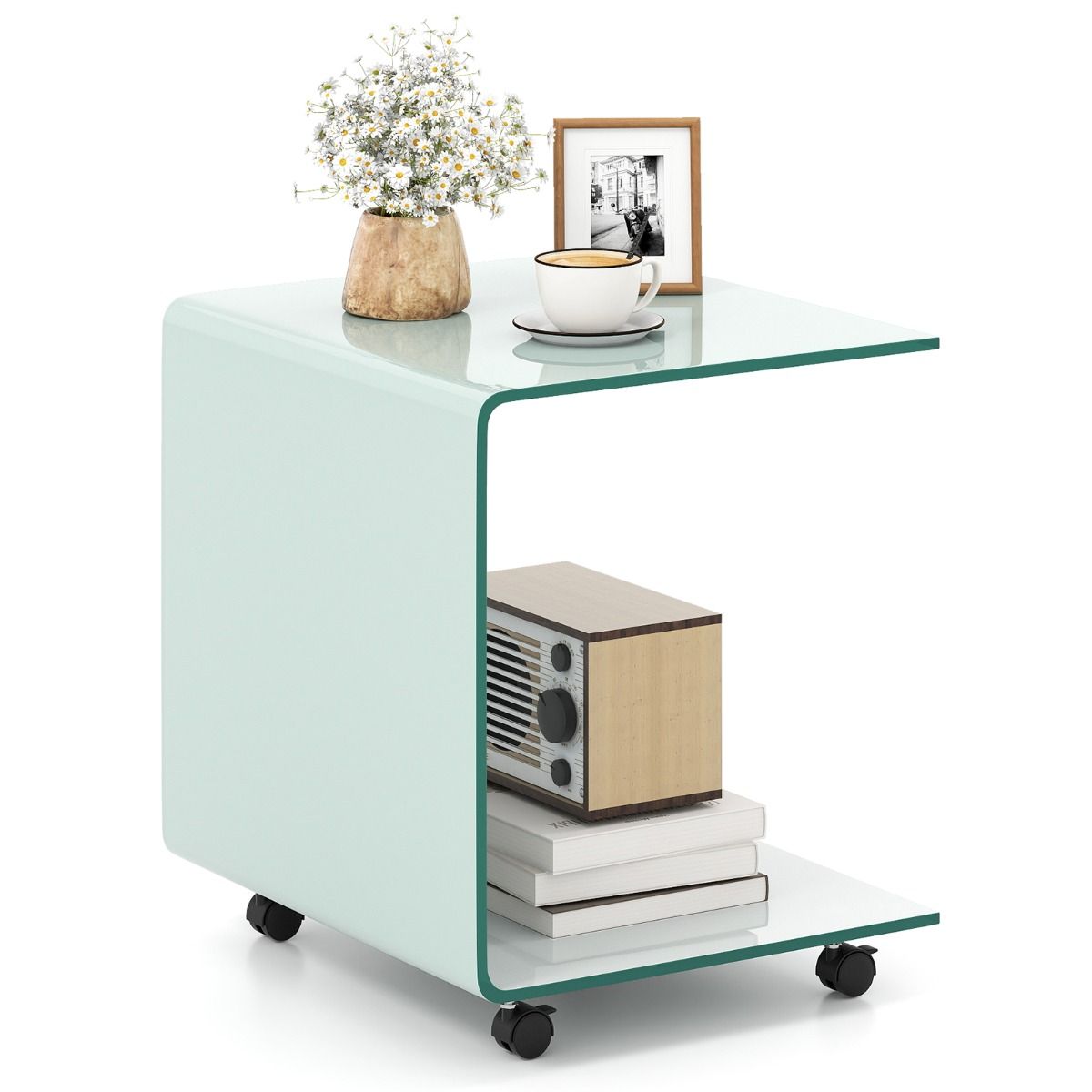 Modern Tempered Glass Side Table with 2-tier Shelf