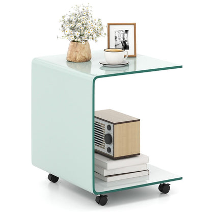 Modern Tempered Glass Side Table with 2-tier Shelf