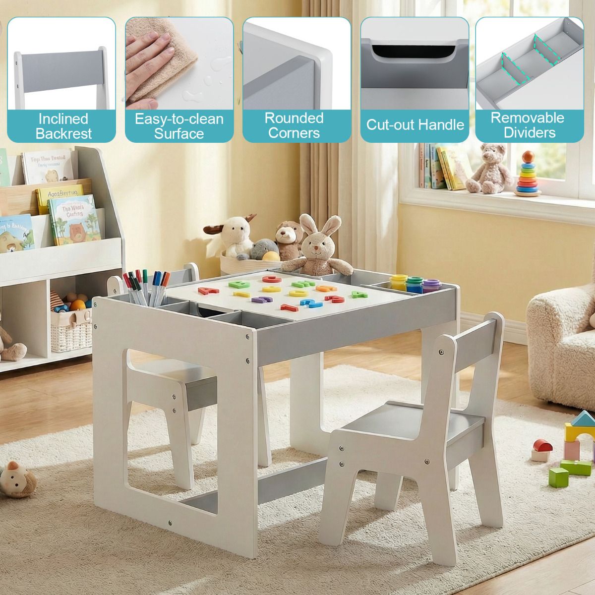 Multifunctional Kids Table and 2 Chairs Set with Whiteboard