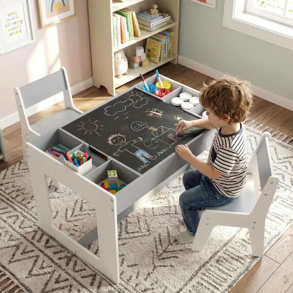 Multifunctional Kids Table and 2 Chairs Set with Whiteboard