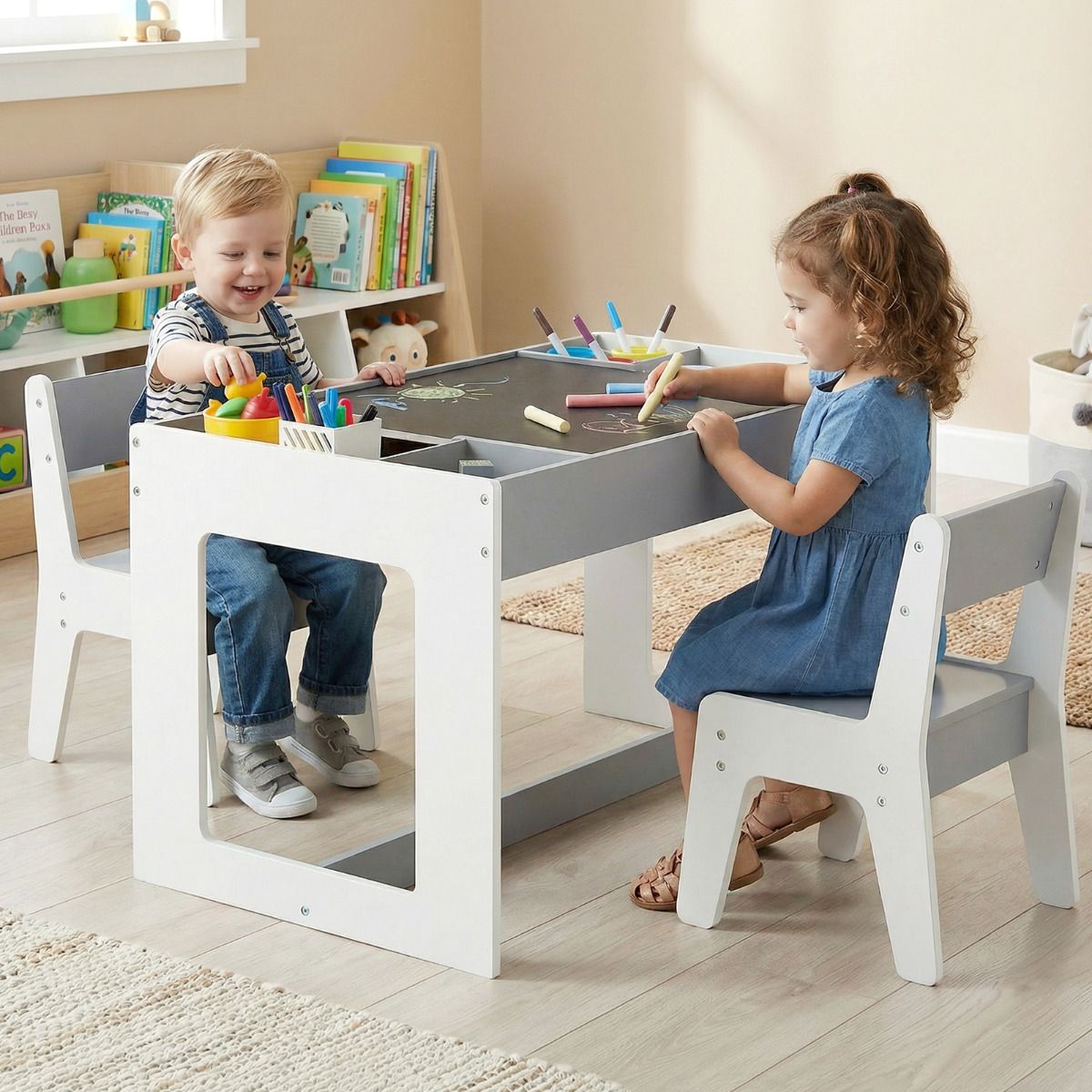 Multifunctional Kids Table and 2 Chairs Set with Whiteboard