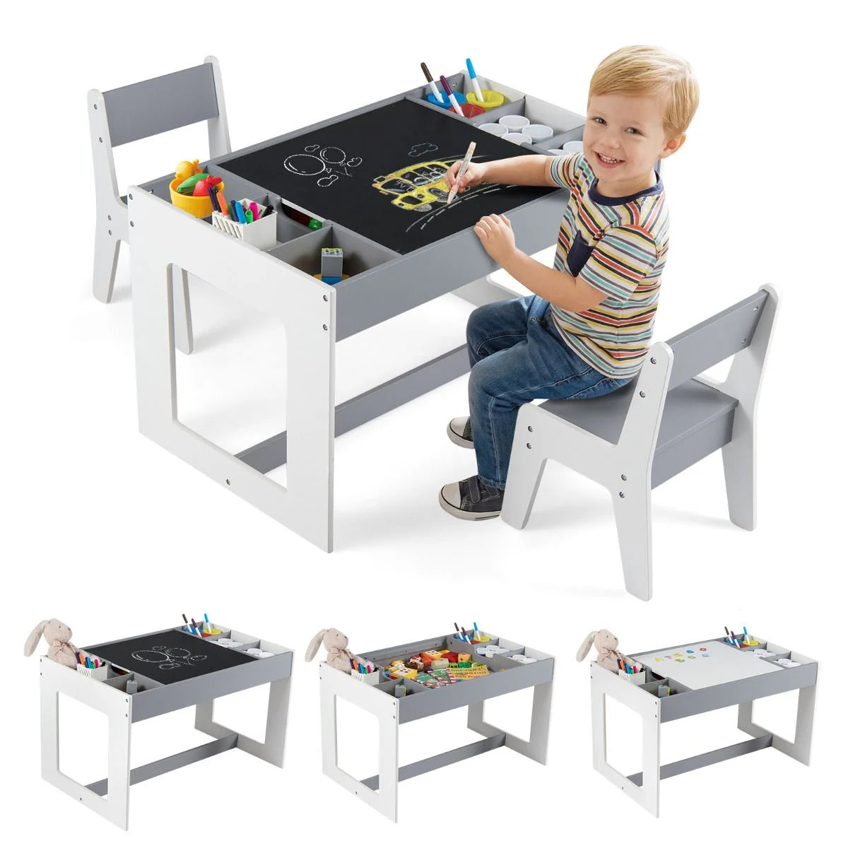 Multifunctional Kids Table and 2 Chairs Set with Whiteboard