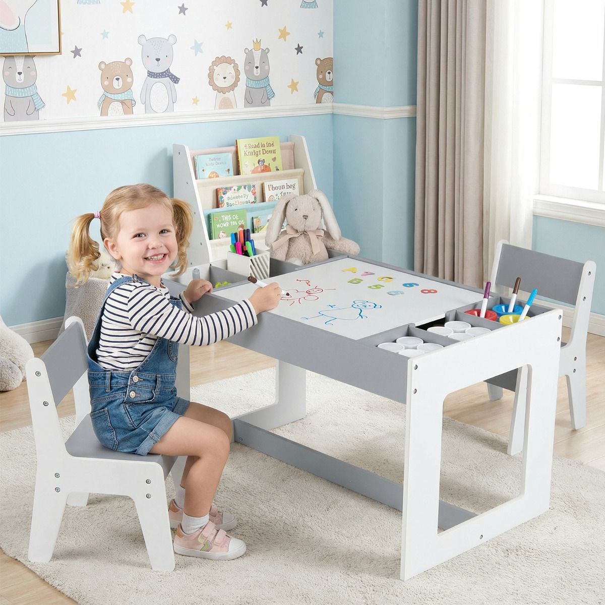 Multifunctional Kids Table and 2 Chairs Set with Whiteboard