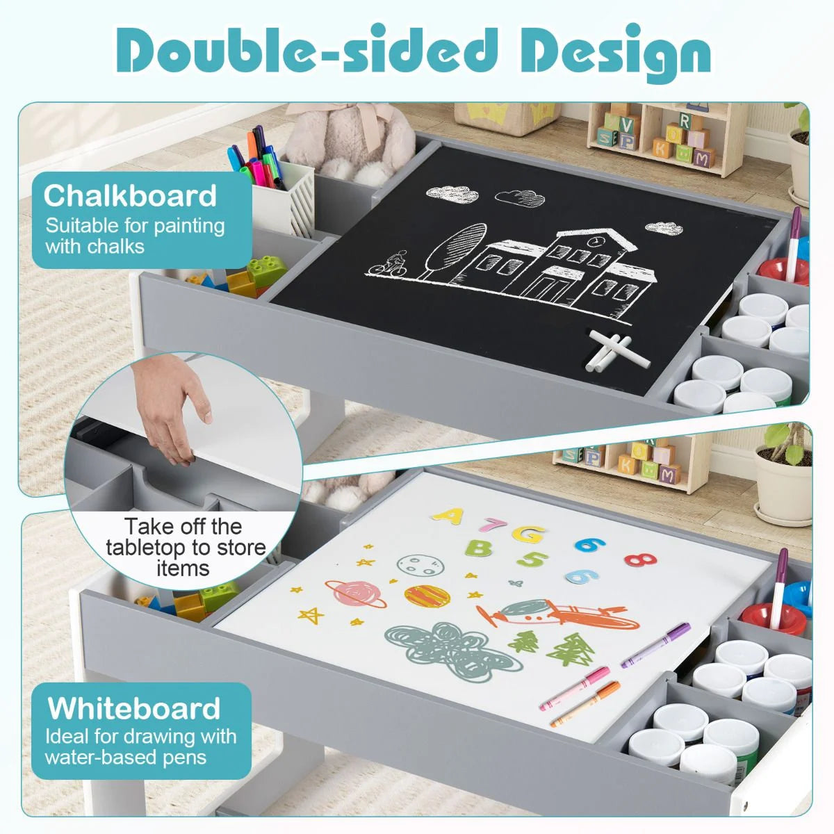 Multifunctional Kids Table and 2 Chairs Set with Whiteboard