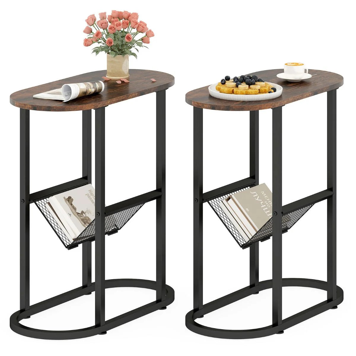 2-Tier Narrow Side Table with Magazine Holder for Living Room Bedroom