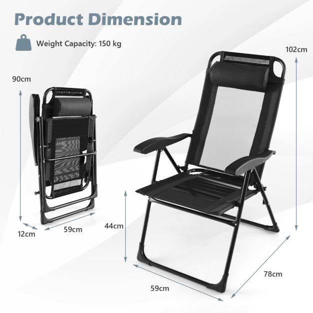 Patio Folding Chairs Set of 2 with Wide Armrests and 7-Level Backrest