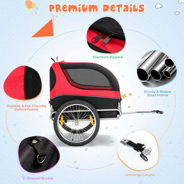 Folding Pet Bike Trailer with 3 Zippered Doors and 8 Reflectors