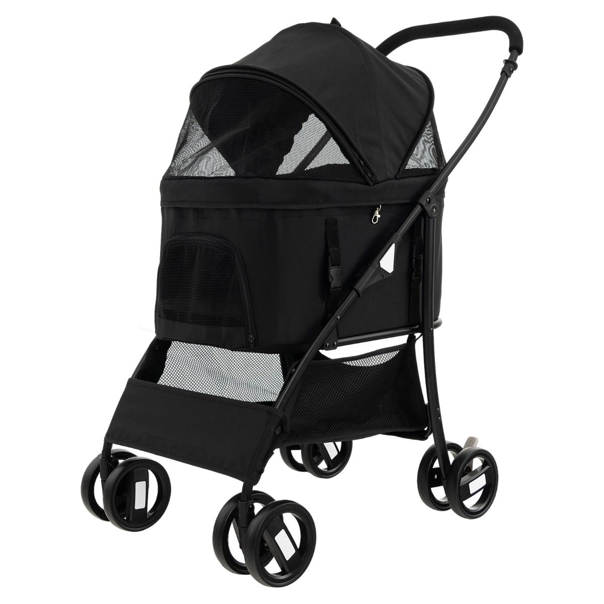 Foldable Pet Stroller with 4-Level Adjustable Canopy and Storage Basket