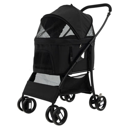Foldable Pet Stroller with 4-Level Adjustable Canopy and Storage Basket