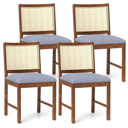 Rattan Dining Chair Set of 2 with Rubber Wood Frame and Linen Fabric Padded