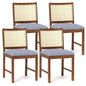 Rattan Dining Chair Set of 2 with Rubber Wood Frame and Linen Fabric Padded
