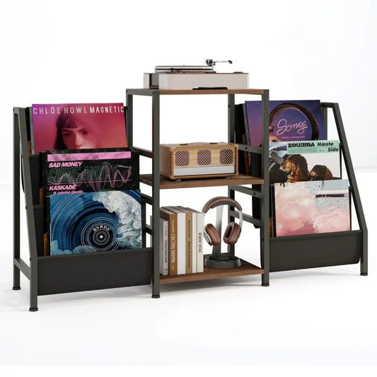 Record Player Stand with Open Shelves and 6 Storage Pockets