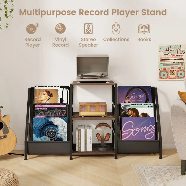 Record Player Stand with Open Shelves and 6 Storage Pockets
