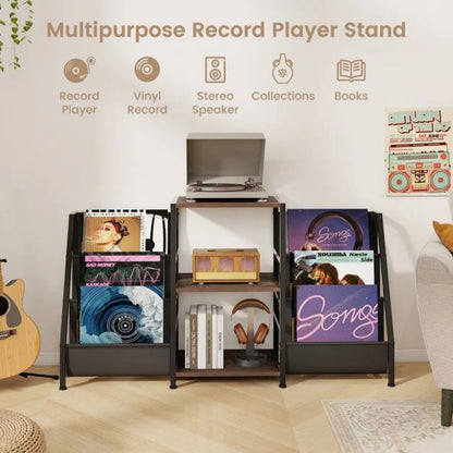 Record Player Stand with Open Shelves and 6 Storage Pockets