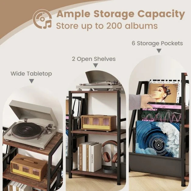 Record Player Stand with Open Shelves and 6 Storage Pockets