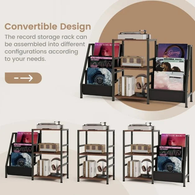 Record Player Stand with Open Shelves and 6 Storage Pockets