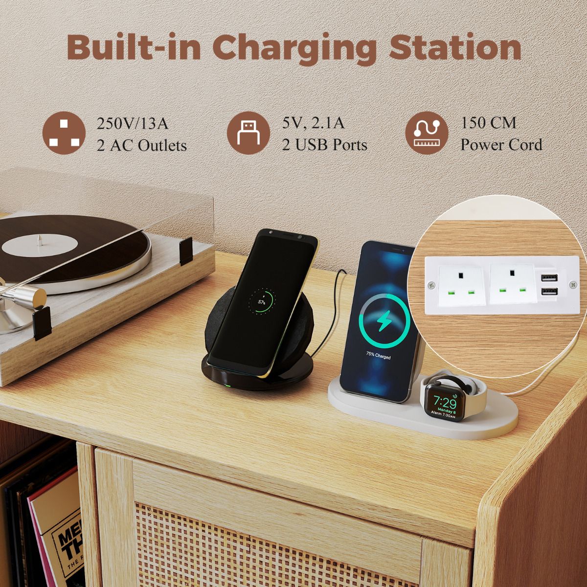 Record Player Stand with Charging Station Turntable Stand with Shelves and Adjustable Shelf