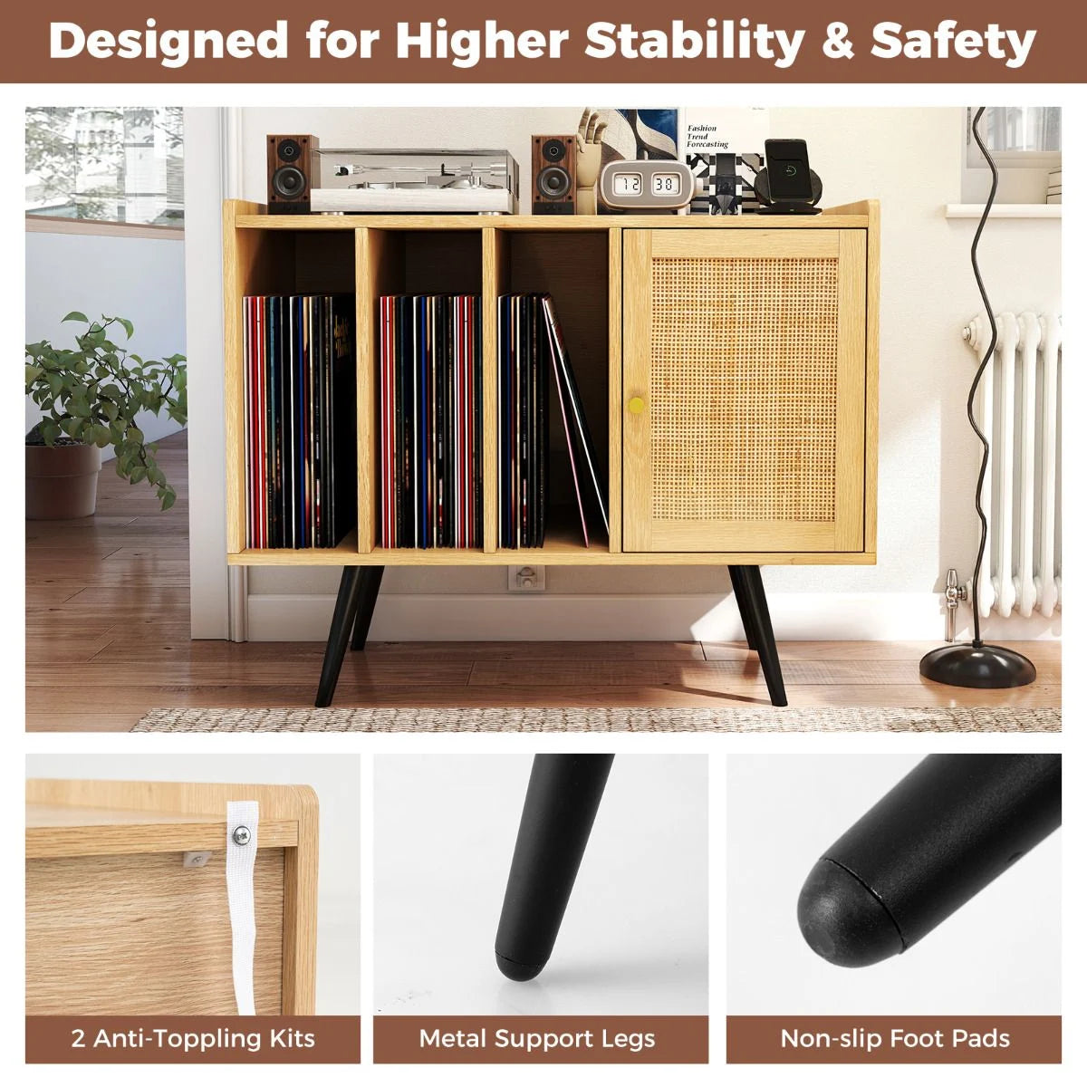 Record Player Stand with Charging Station Turntable Stand with Shelves and Adjustable Shelf