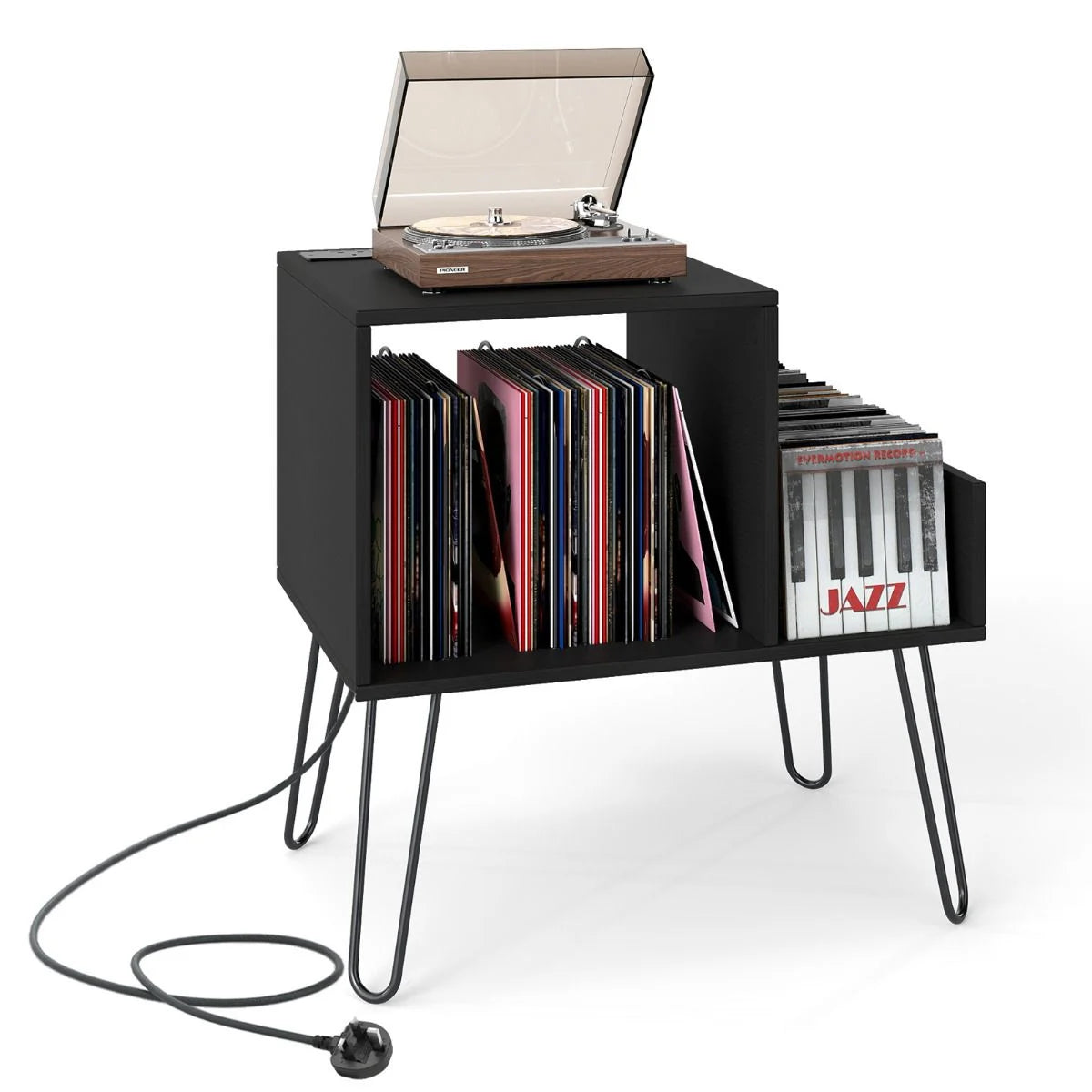 Record Player Stand with Power Outlet and Removable Dividers