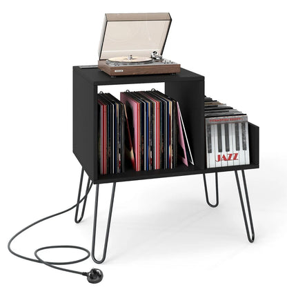 Record Player Stand with Power Outlet and Removable Dividers