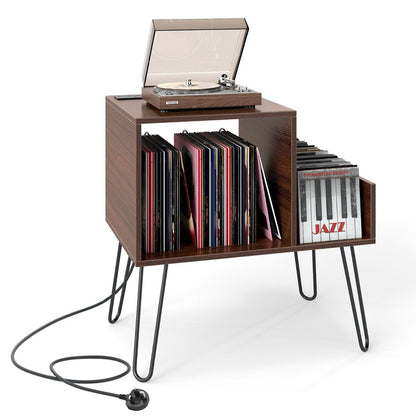 Record Player Stand with Power Outlet and Removable Dividers