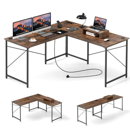 Reversible L-Shaped Desk with Built-in Power Strip and Removable Host Stand