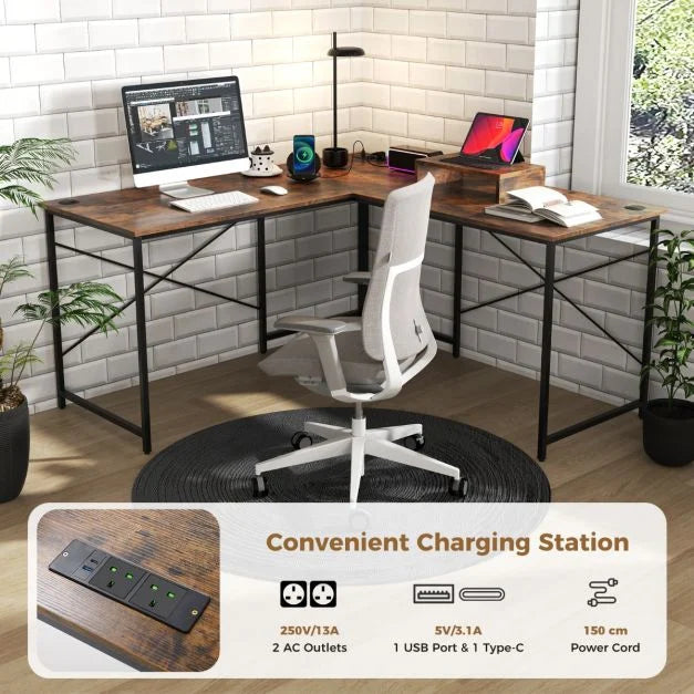 Reversible L-Shaped Desk with Built-in Power Strip and Removable Host Stand