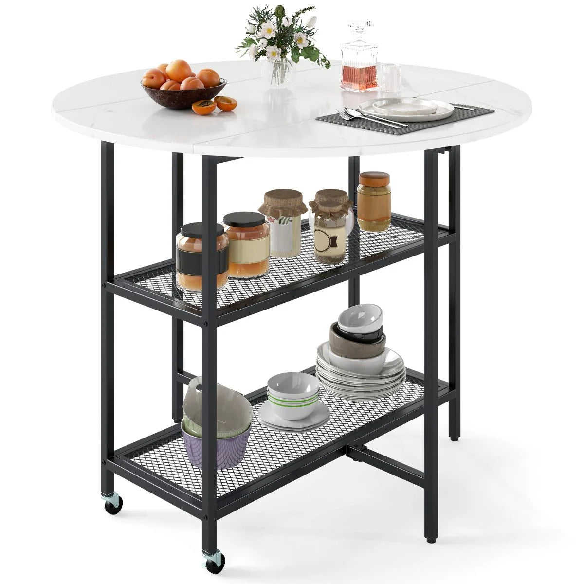 Round Drop Leaf Table with 2 Mesh Shelves & 2 Lockable Wheels