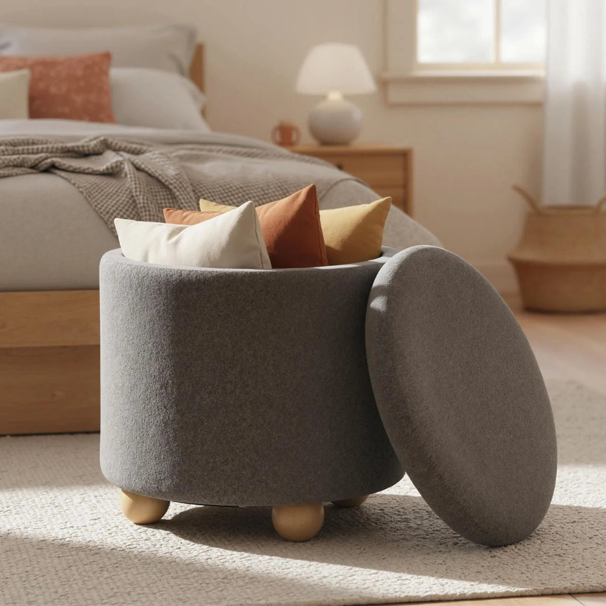 Round Storage Ottoman 45 CM Chenille Fabric Footrest Stool with Removable Lid