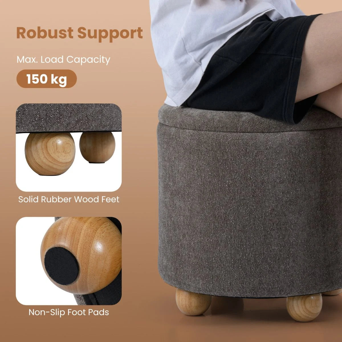 Round Storage Ottoman 45 CM Chenille Fabric Footrest Stool with Removable Lid