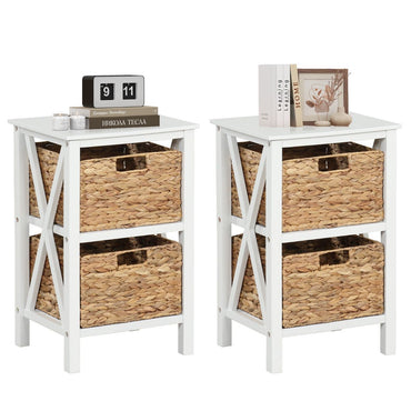 Sofa Side Table with Seagrass Baskets and Rubber Wood X-Shaped Frames and Acacia Wood Legs