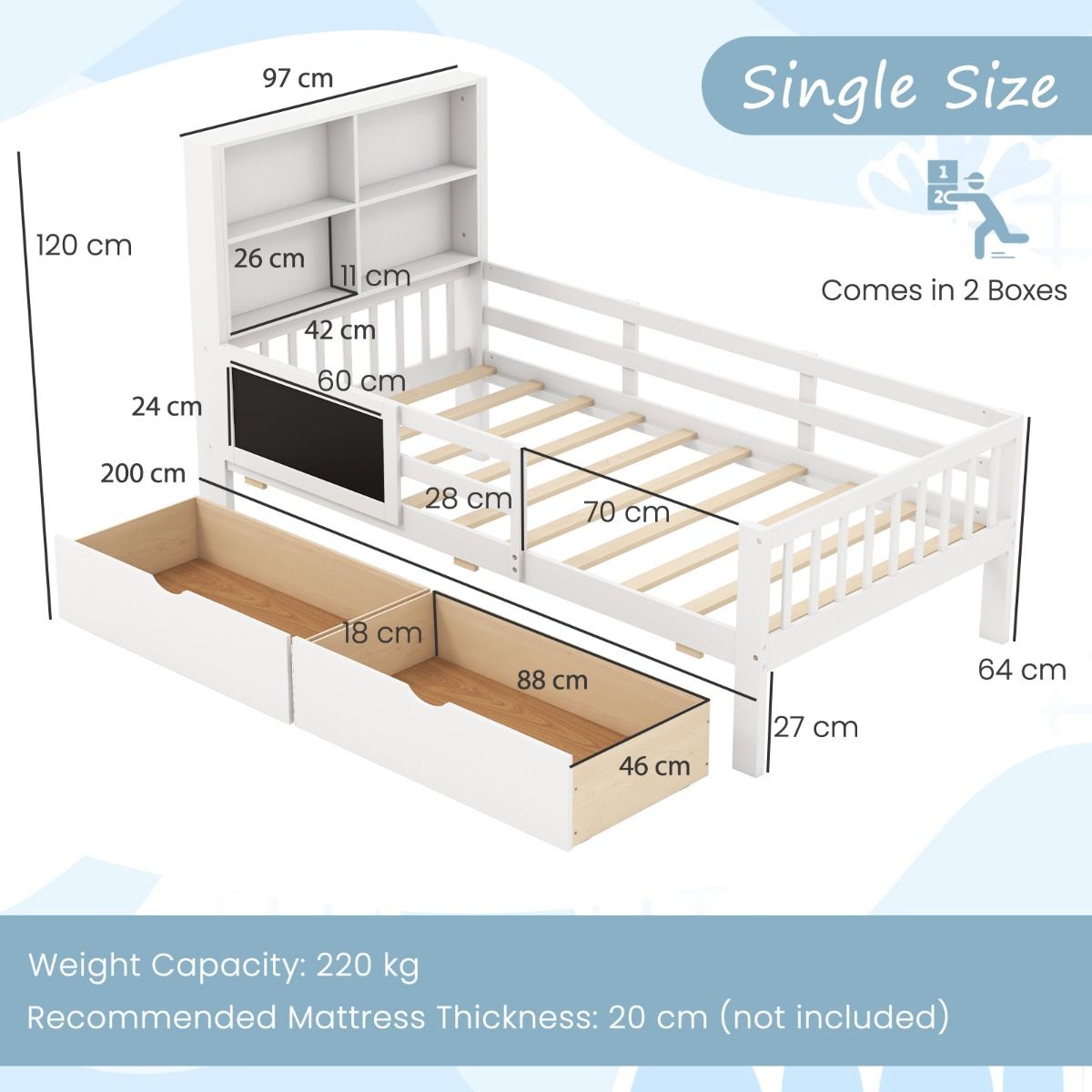 Single/Double Size Bed Frame with 2 Storage Drawers White