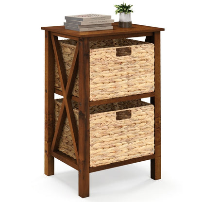 Sofa Side Table with Seagrass Baskets and Rubber Wood X-Shaped Frames and Acacia Wood Legs