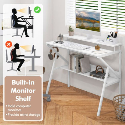Space Saving Computer Desk with Monitor Stand and Open Shelf