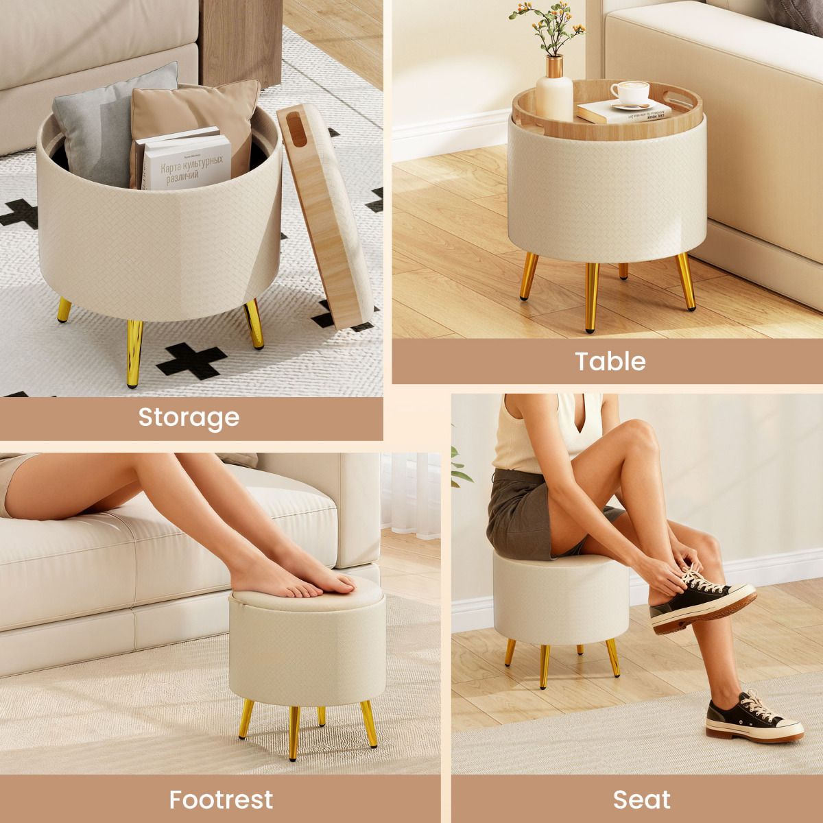 Storage Ottomans Set of 2 Leather Upholstered Round Footrests
