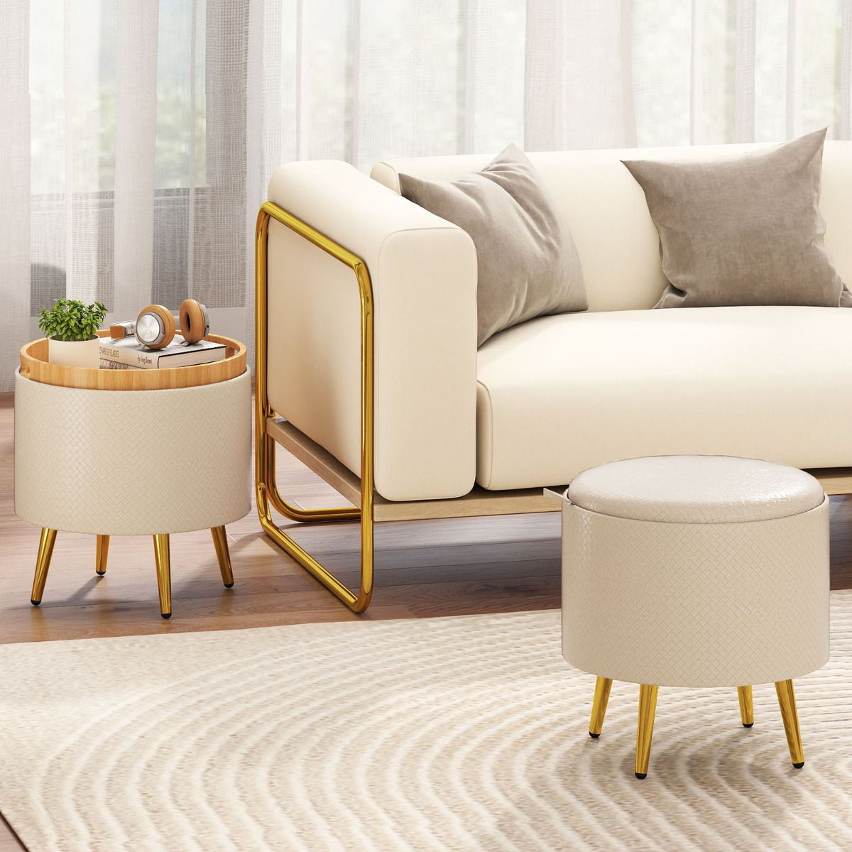 Storage Ottomans Set of 2 Leather Upholstered Round Footrests