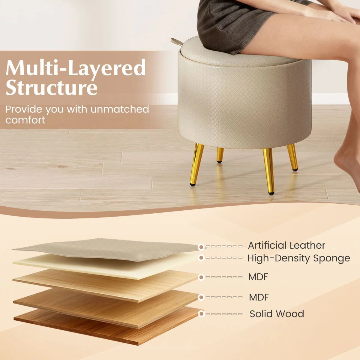 Storage Ottomans Set of 2 Leather Upholstered Round Footrests