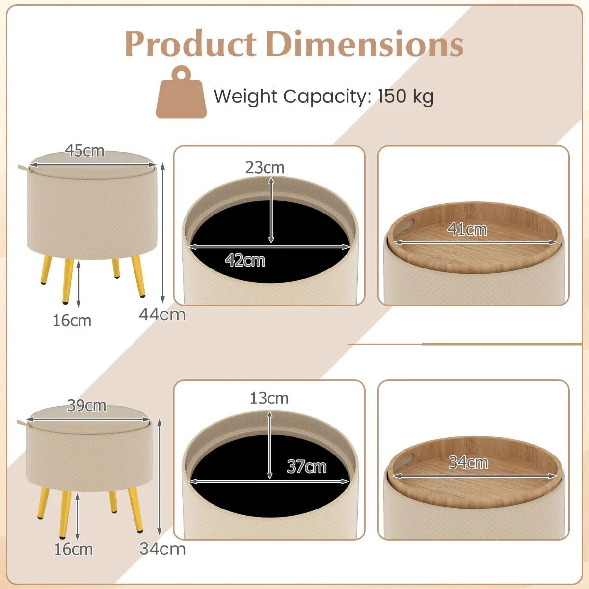 Storage Ottomans Set of 2 Leather Upholstered Round Footrests