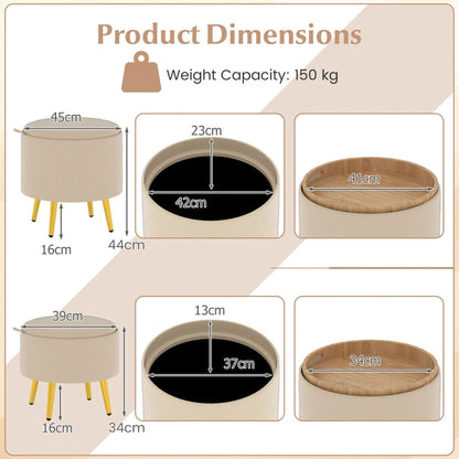 Storage Ottomans Set of 2 Leather Upholstered Round Footrests