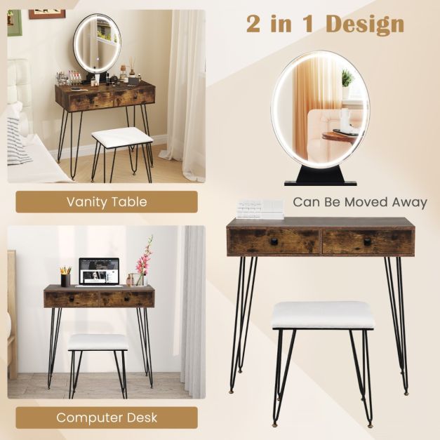 Vanity Set with LED Lighted Mirror and Soft Cushioned Stool for Bedroom
