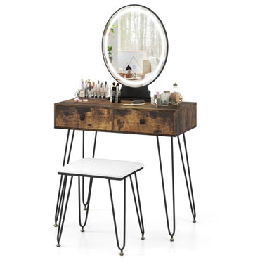 Vanity Set with LED Lighted Mirror and Soft Cushioned Stool for Bedroom