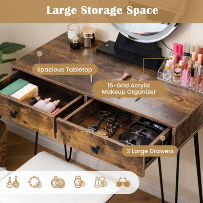 Vanity Set with LED Lighted Mirror and Soft Cushioned Stool for Bedroom