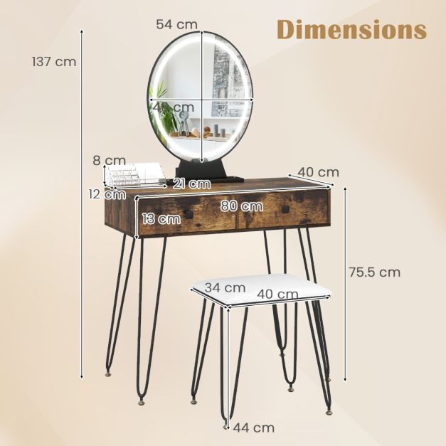Vanity Set with LED Lighted Mirror and Soft Cushioned Stool for Bedroom