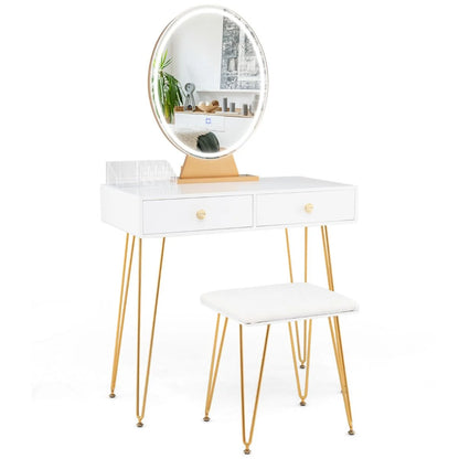 Vanity Set with LED Lighted Mirror and Soft Cushioned Stool for Bedroom