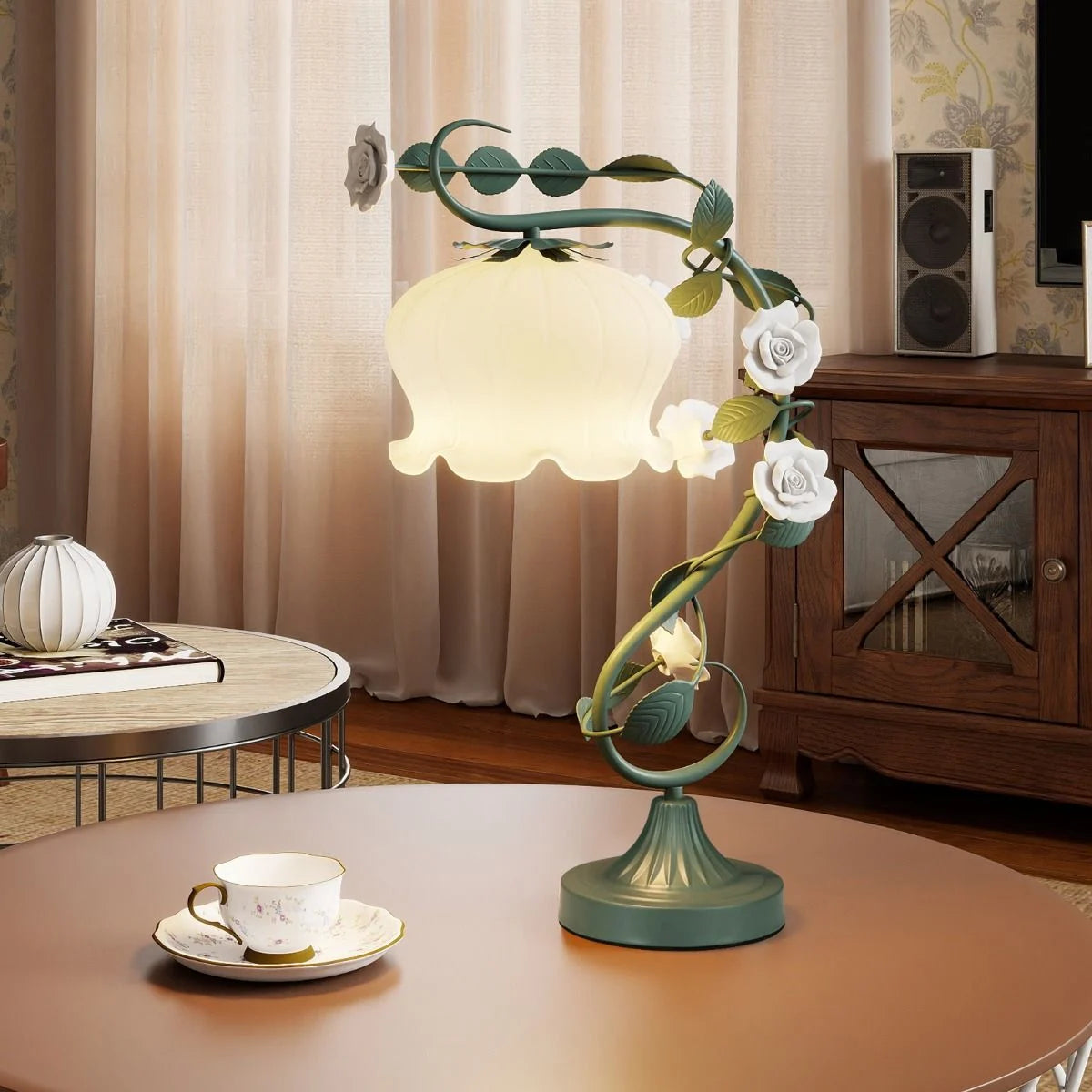 Vintage Nightstand Lamp with 6 Ceramic Roses and Metal Leaves