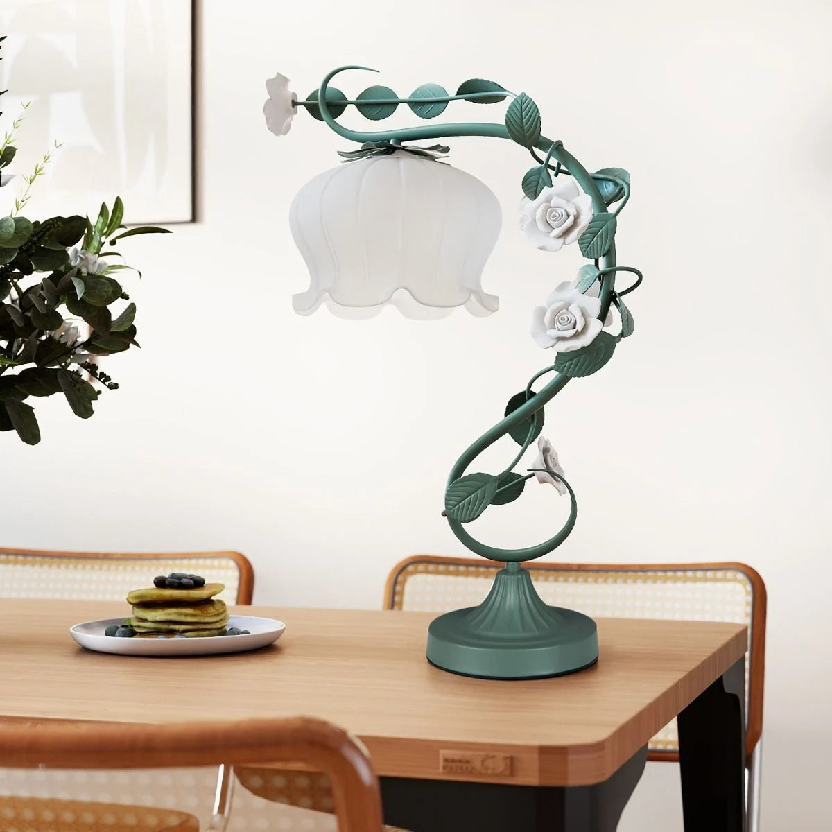 Vintage Nightstand Lamp with 6 Ceramic Roses and Metal Leaves